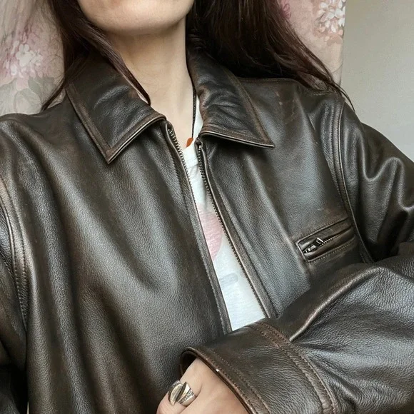 Vintage Brown Leather Bomber Jacket Faded Distressed Oversized Full Zip